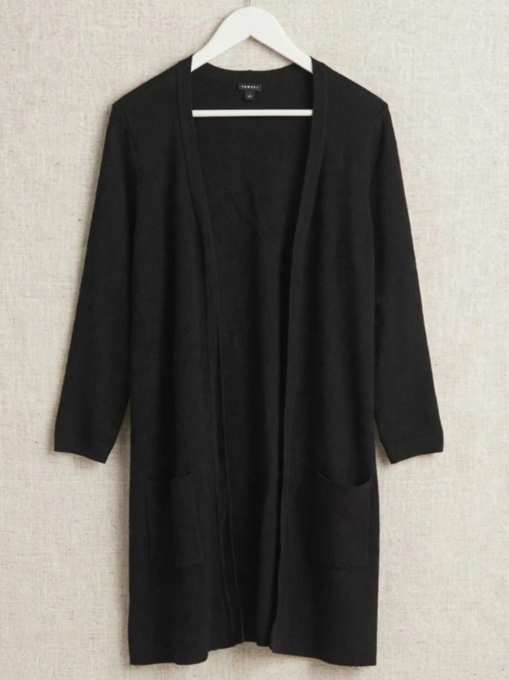 Torrid Black Long Duster Cardigan Size L Open Front Pockets Rayon Minimalist